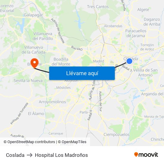 Coslada to Hospital Los Madroños map