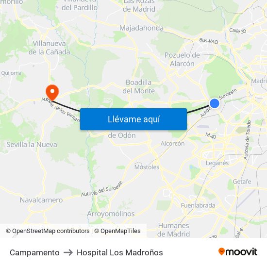 Campamento to Hospital Los Madroños map