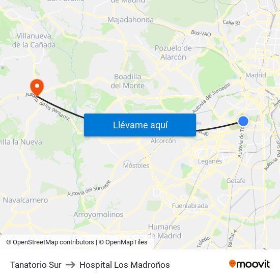 Tanatorio Sur to Hospital Los Madroños map