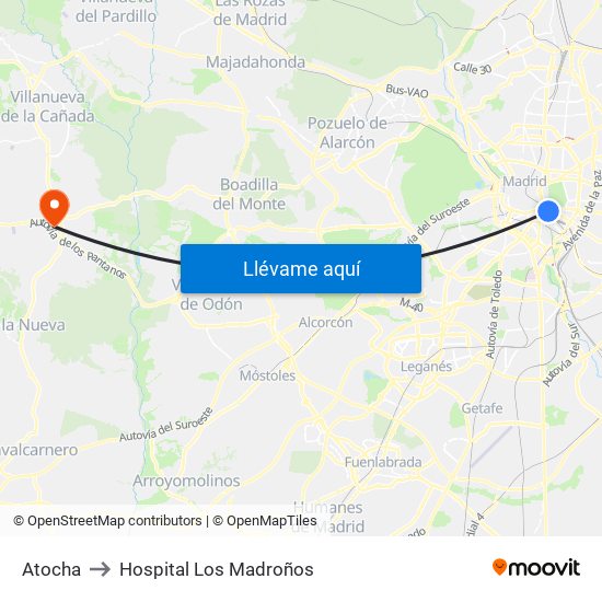 Atocha to Hospital Los Madroños map