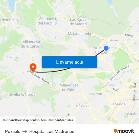 Pozuelo to Hospital Los Madroños map