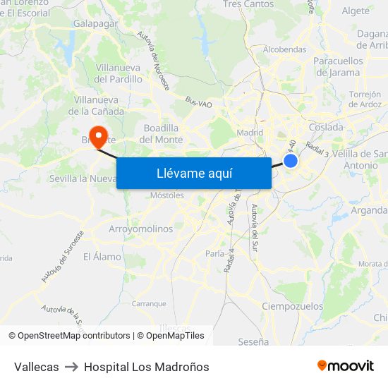 Vallecas to Hospital Los Madroños map