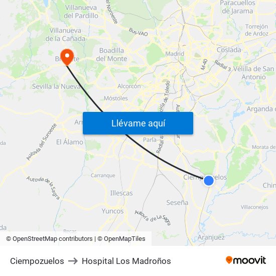 Ciempozuelos to Hospital Los Madroños map