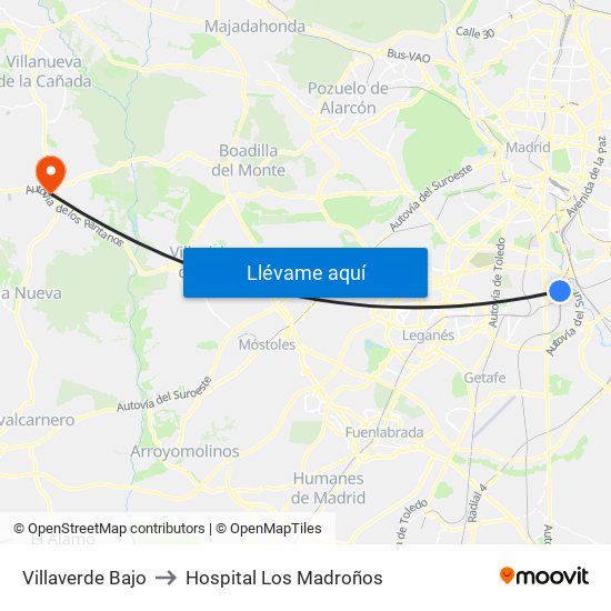 Villaverde Bajo to Hospital Los Madroños map
