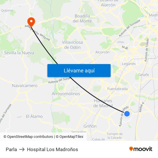 Parla to Hospital Los Madroños map