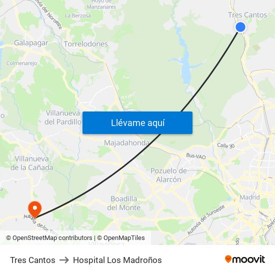 Tres Cantos to Hospital Los Madroños map