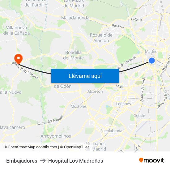 Embajadores to Hospital Los Madroños map