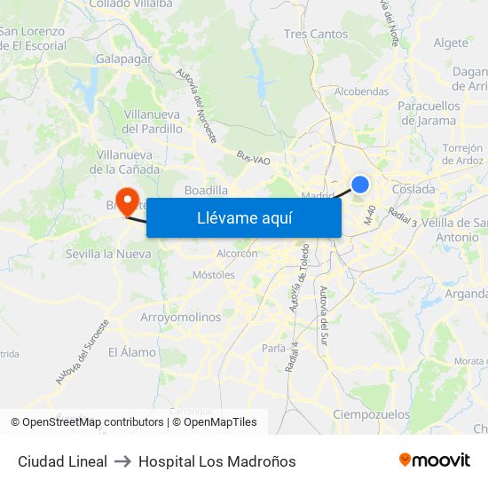 Ciudad Lineal to Hospital Los Madroños map