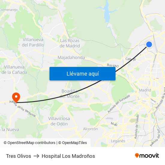 Tres Olivos to Hospital Los Madroños map