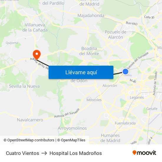 Cuatro Vientos to Hospital Los Madroños map