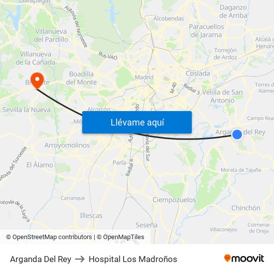 Arganda Del Rey to Hospital Los Madroños map