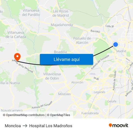 Moncloa to Hospital Los Madroños map