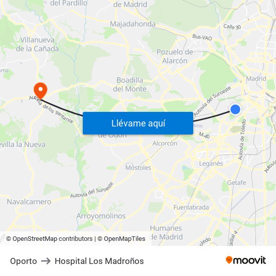 Oporto to Hospital Los Madroños map