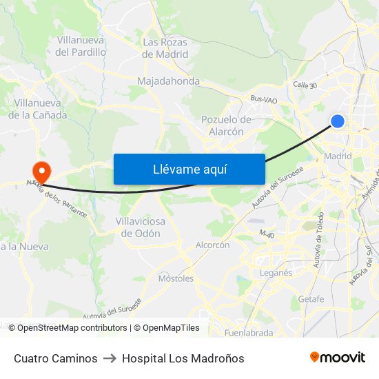Cuatro Caminos to Hospital Los Madroños map