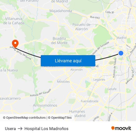 Usera to Hospital Los Madroños map