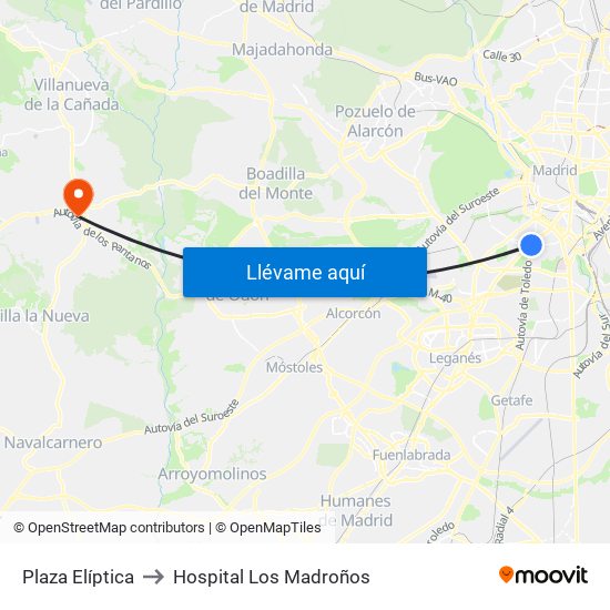 Plaza Elíptica to Hospital Los Madroños map