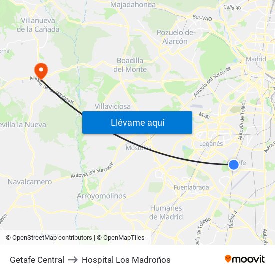 Getafe Central to Hospital Los Madroños map