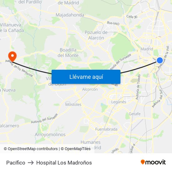 Pacífico to Hospital Los Madroños map