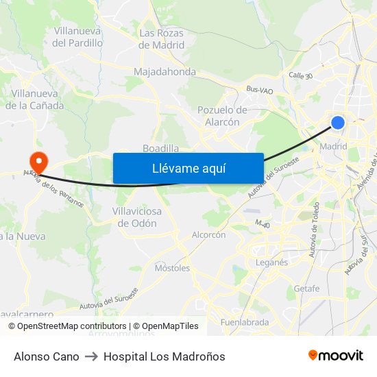Alonso Cano to Hospital Los Madroños map