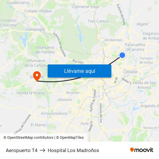 Aeropuerto T4 to Hospital Los Madroños map