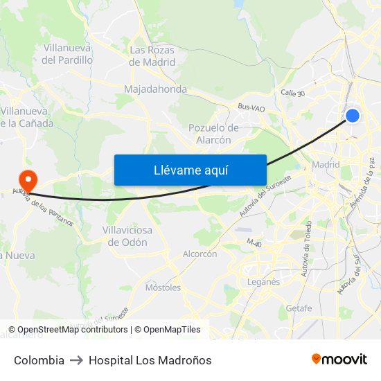 Colombia to Hospital Los Madroños map