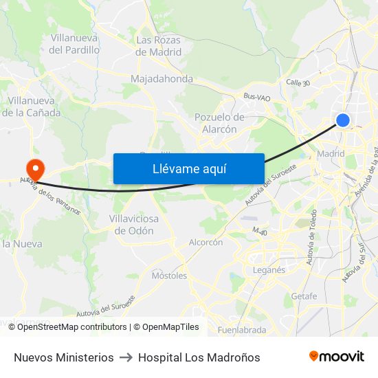 Nuevos Ministerios to Hospital Los Madroños map