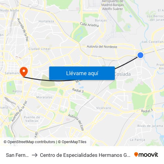 San Fernando to Centro de Especialidades Hermanos García Noblejas map