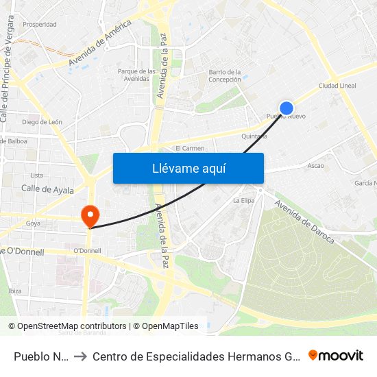 Pueblo Nuevo to Centro de Especialidades Hermanos García Noblejas map