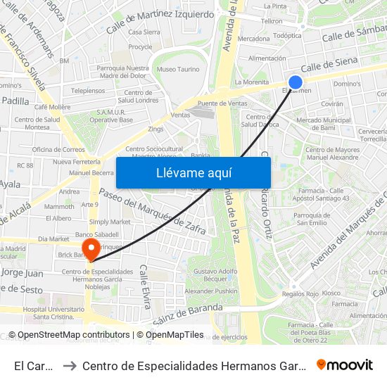 El Carmen to Centro de Especialidades Hermanos García Noblejas map