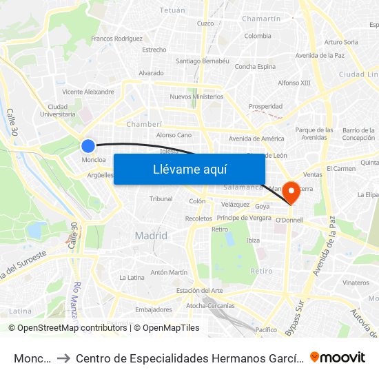 Moncloa to Centro de Especialidades Hermanos García Noblejas map