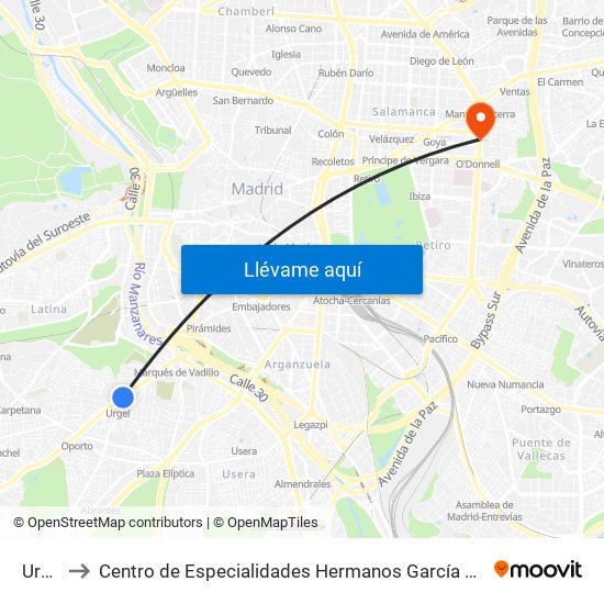 Urgel to Centro de Especialidades Hermanos García Noblejas map