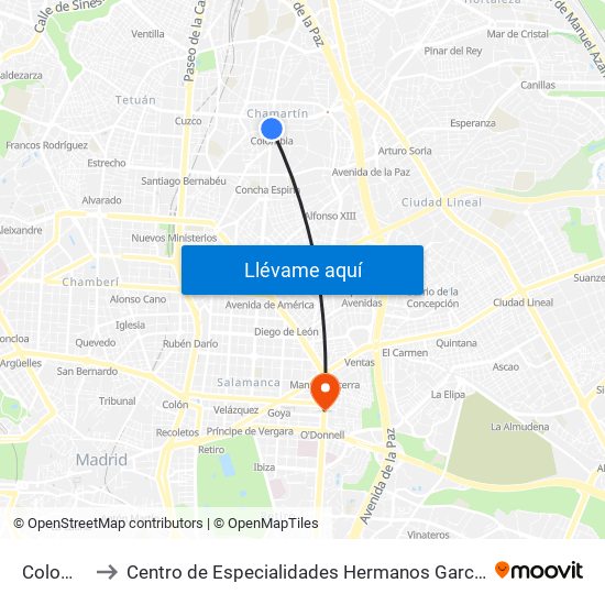 Colombia to Centro de Especialidades Hermanos García Noblejas map