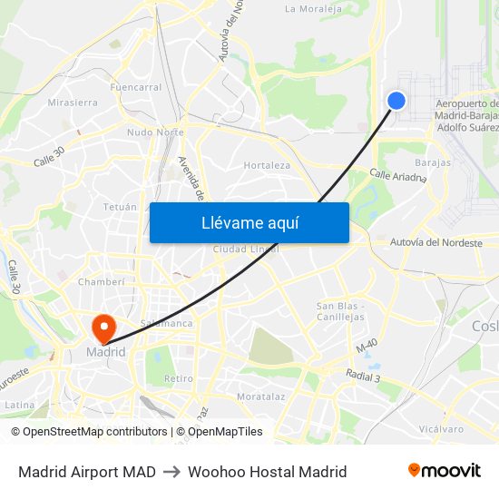 Madrid Airport MAD to Woohoo Hostal Madrid map
