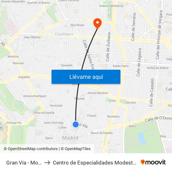 Gran Vía - Montera to Centro de Especialidades Modesto Lafuente map