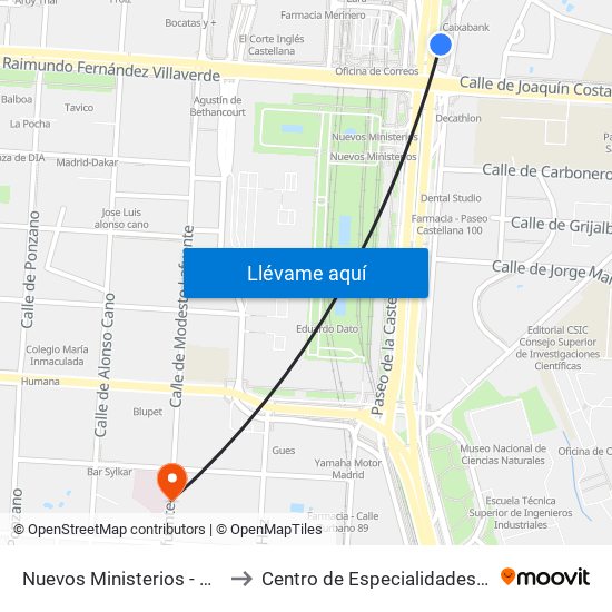 Nuevos Ministerios - Centro Comercial to Centro de Especialidades Modesto Lafuente map