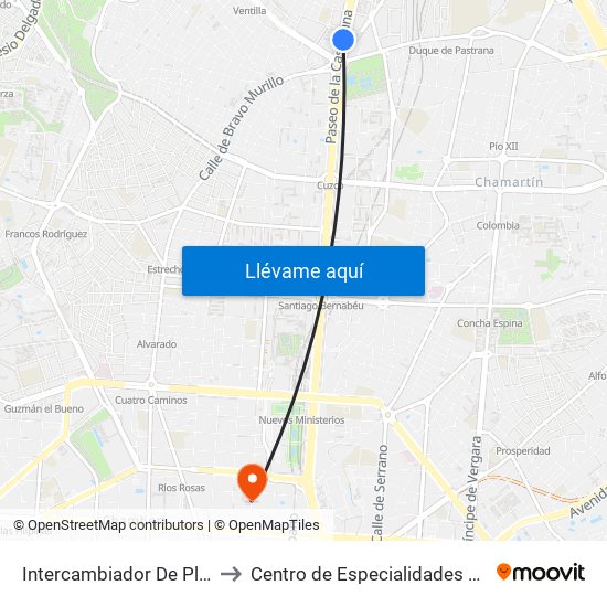 Intercambiador De Plaza De Castilla to Centro de Especialidades Modesto Lafuente map