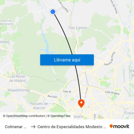 Colmenar Viejo to Centro de Especialidades Modesto Lafuente map