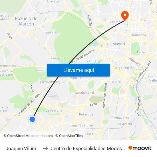 Joaquín Vilumbrales to Centro de Especialidades Modesto Lafuente map