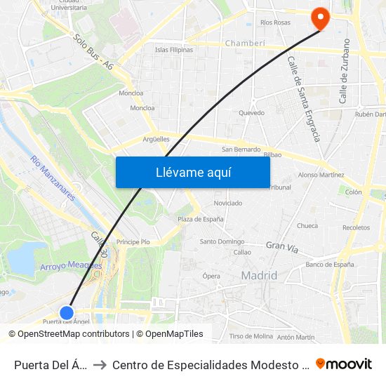 Puerta Del Ángel to Centro de Especialidades Modesto Lafuente map
