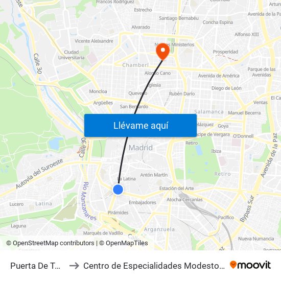 Puerta De Toledo to Centro de Especialidades Modesto Lafuente map