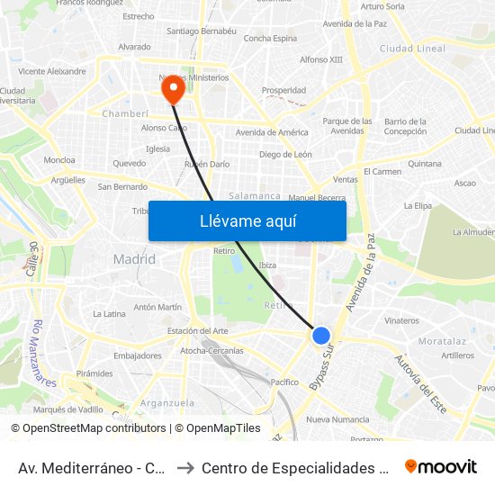 Av. Mediterráneo - Conde De Casal to Centro de Especialidades Modesto Lafuente map