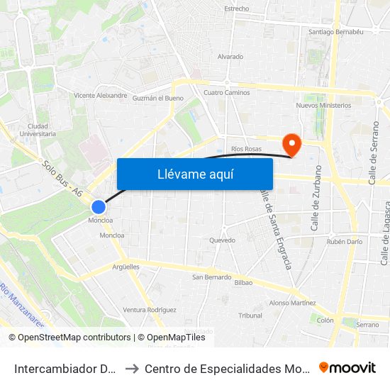 Intercambiador De Moncloa to Centro de Especialidades Modesto Lafuente map