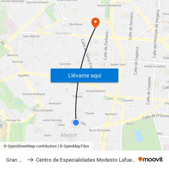 Gran Vía to Centro de Especialidades Modesto Lafuente map
