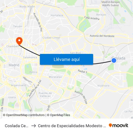 Coslada Central to Centro de Especialidades Modesto Lafuente map