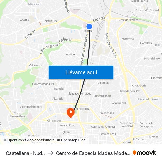 Castellana - Nudo Norte to Centro de Especialidades Modesto Lafuente map