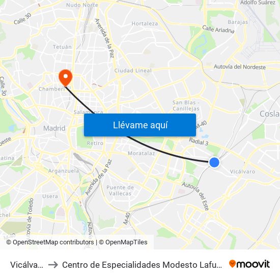 Vicálvaro to Centro de Especialidades Modesto Lafuente map