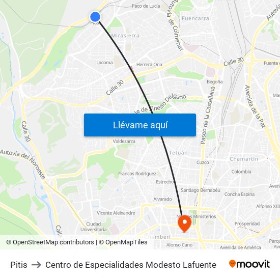 Pitis to Centro de Especialidades Modesto Lafuente map