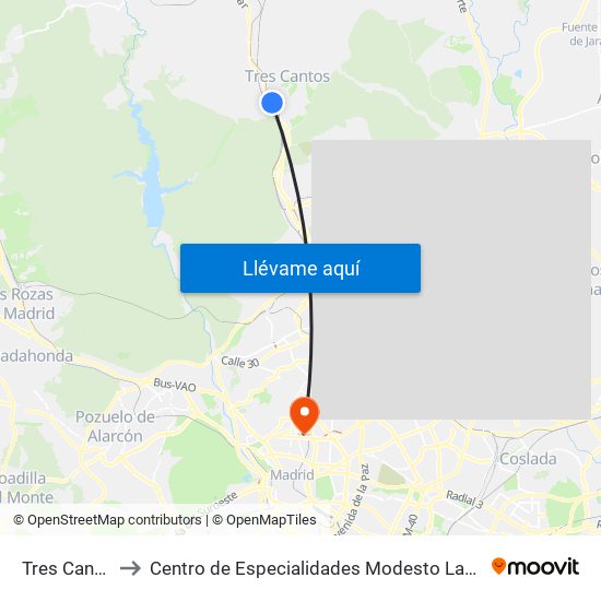 Tres Cantos to Centro de Especialidades Modesto Lafuente map
