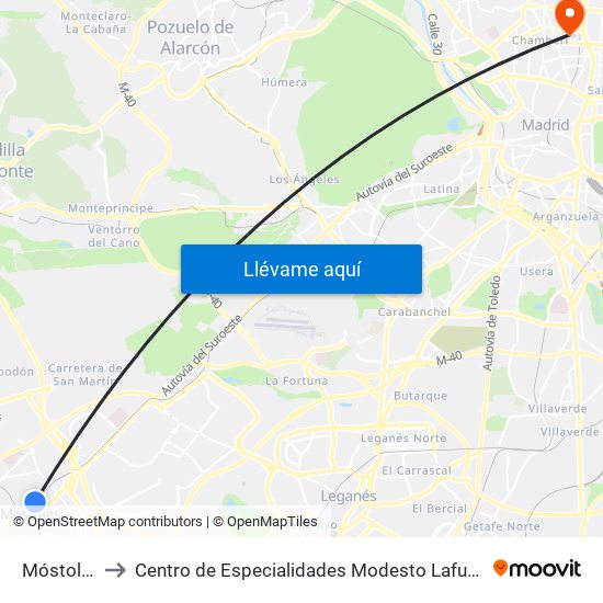 Móstoles to Centro de Especialidades Modesto Lafuente map