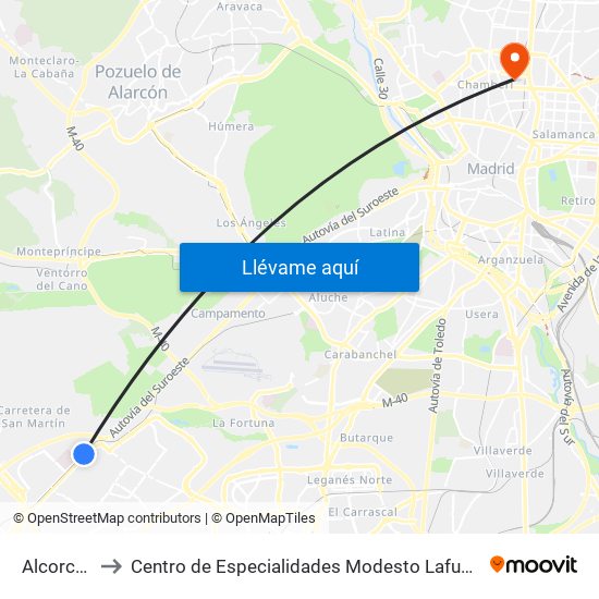 Alcorcón to Centro de Especialidades Modesto Lafuente map